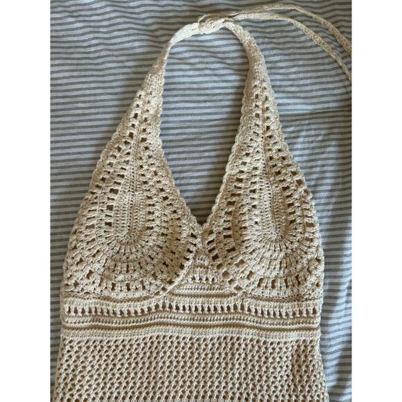 Moda International Cream Crochet Halter Dress Size M - Picture 3 of 7